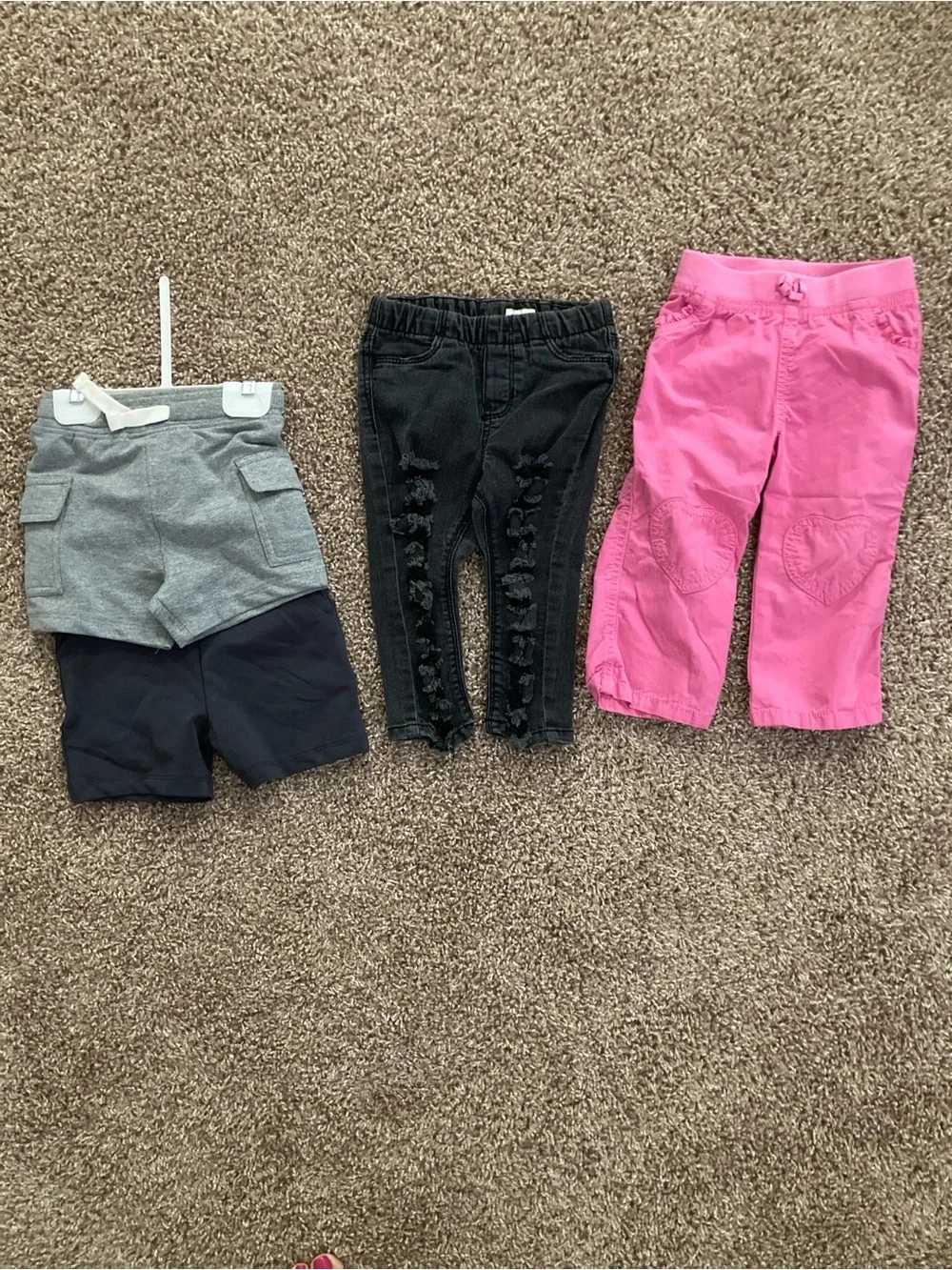 LOT 4 bottoms: 2 pr. 12 m. shorts (gray, navy) 2 pr. 18 m. pants (black, pink),